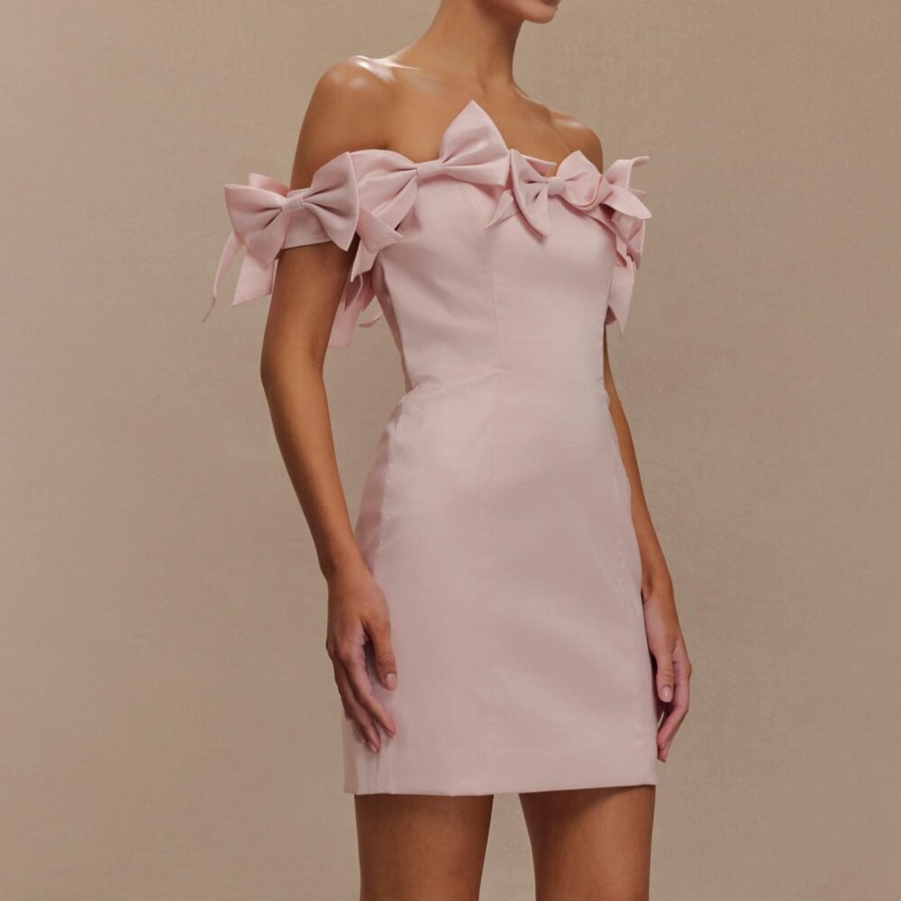 Rose Strapless Bow Mini Dress - Powder Pink
